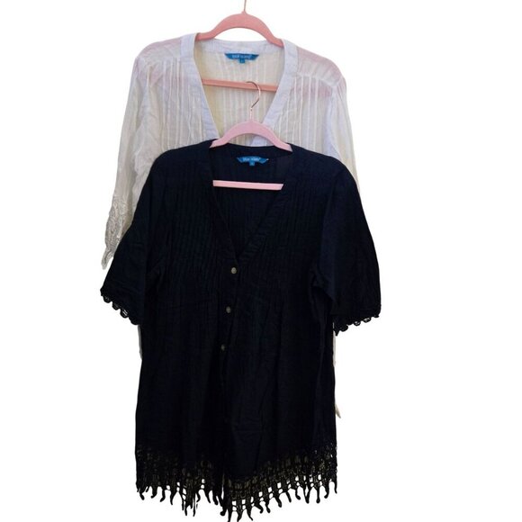 Blue Island Lot Of 2 Swim Coverup Button Front Crochet Lace Trim Cotton Size L - Picture 1 of 9